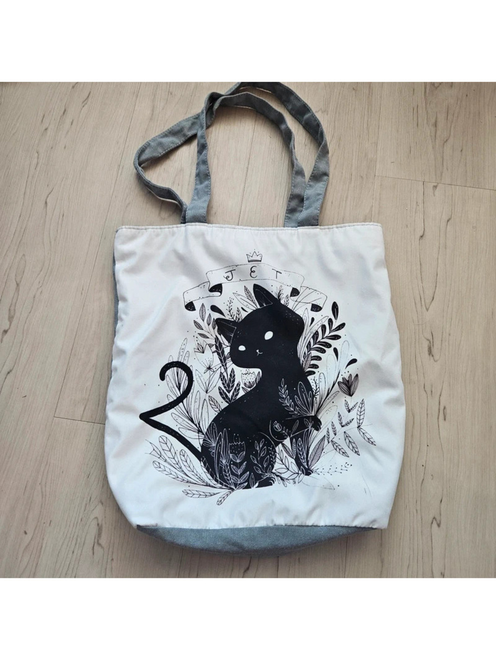Black Cat Botanical Graphic Tote Bag Gray White Zip Top 15x16